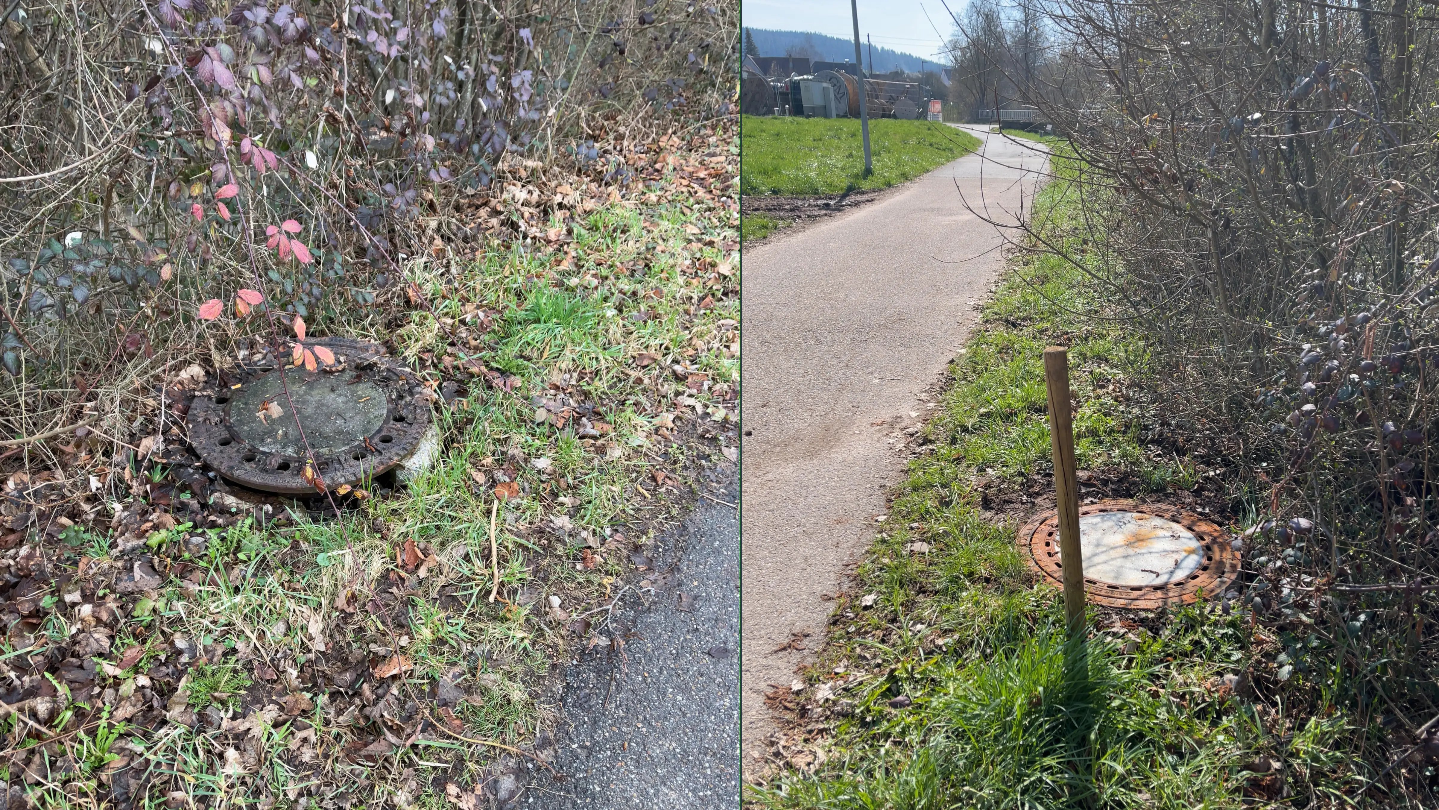 Vorher-Nachher Bild eines reparierten Schachtdeckels auf dem Grünstrifen neben einem Weg